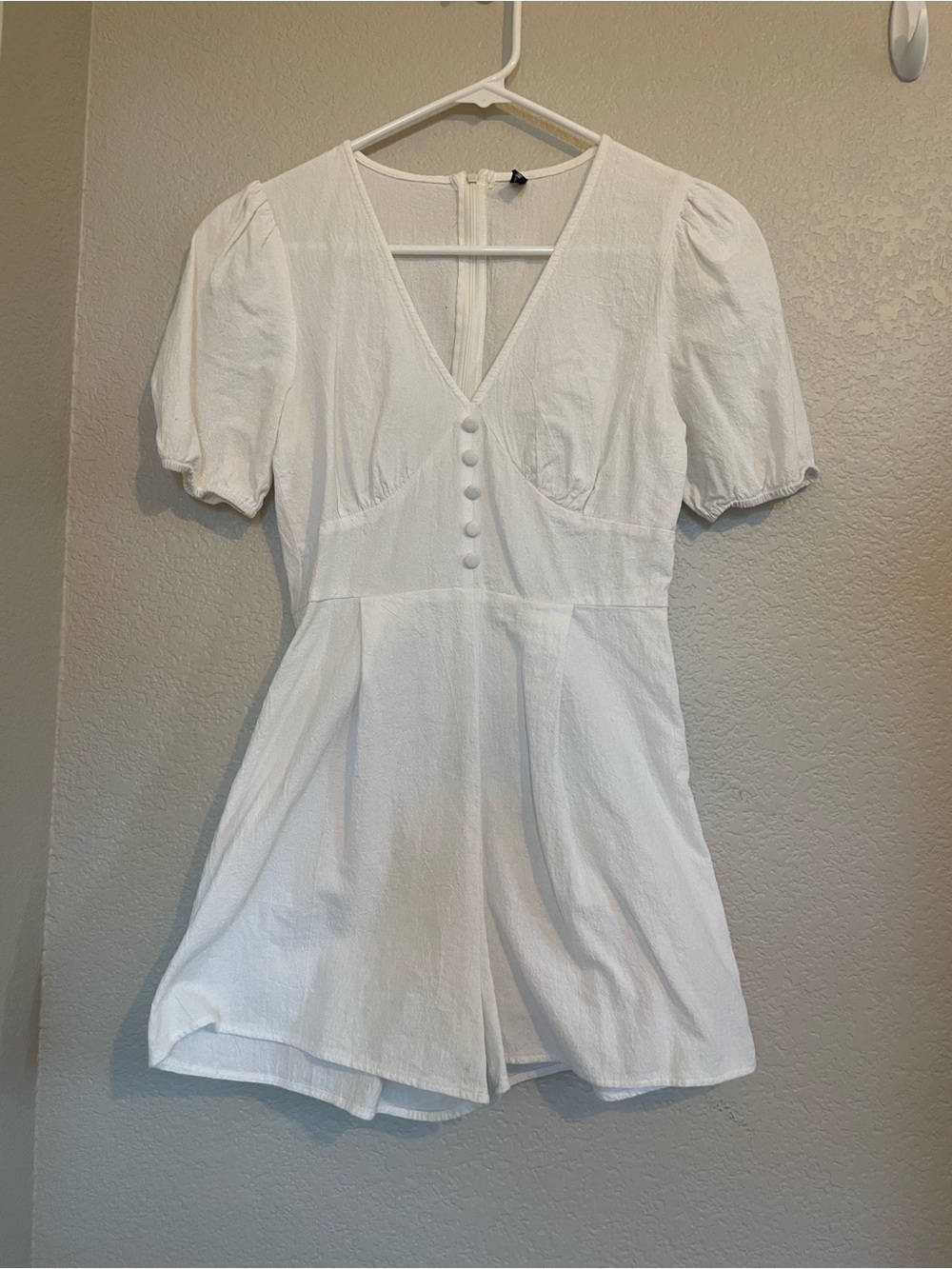 Puff Sleeve White V-Neck Romper with Button Front